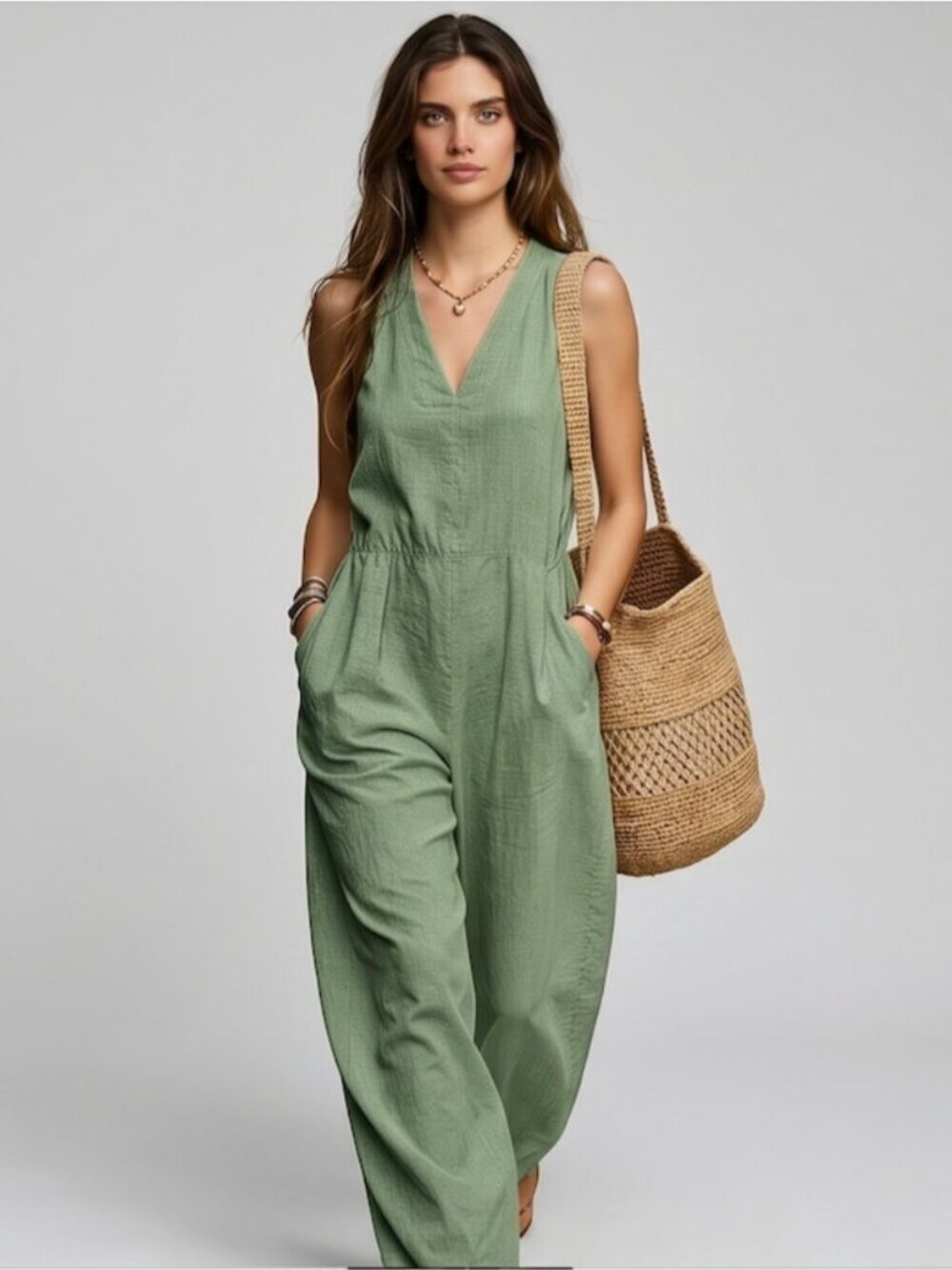 Sage Green V-Neck Sleeveless Wide Leg Jumpsuit